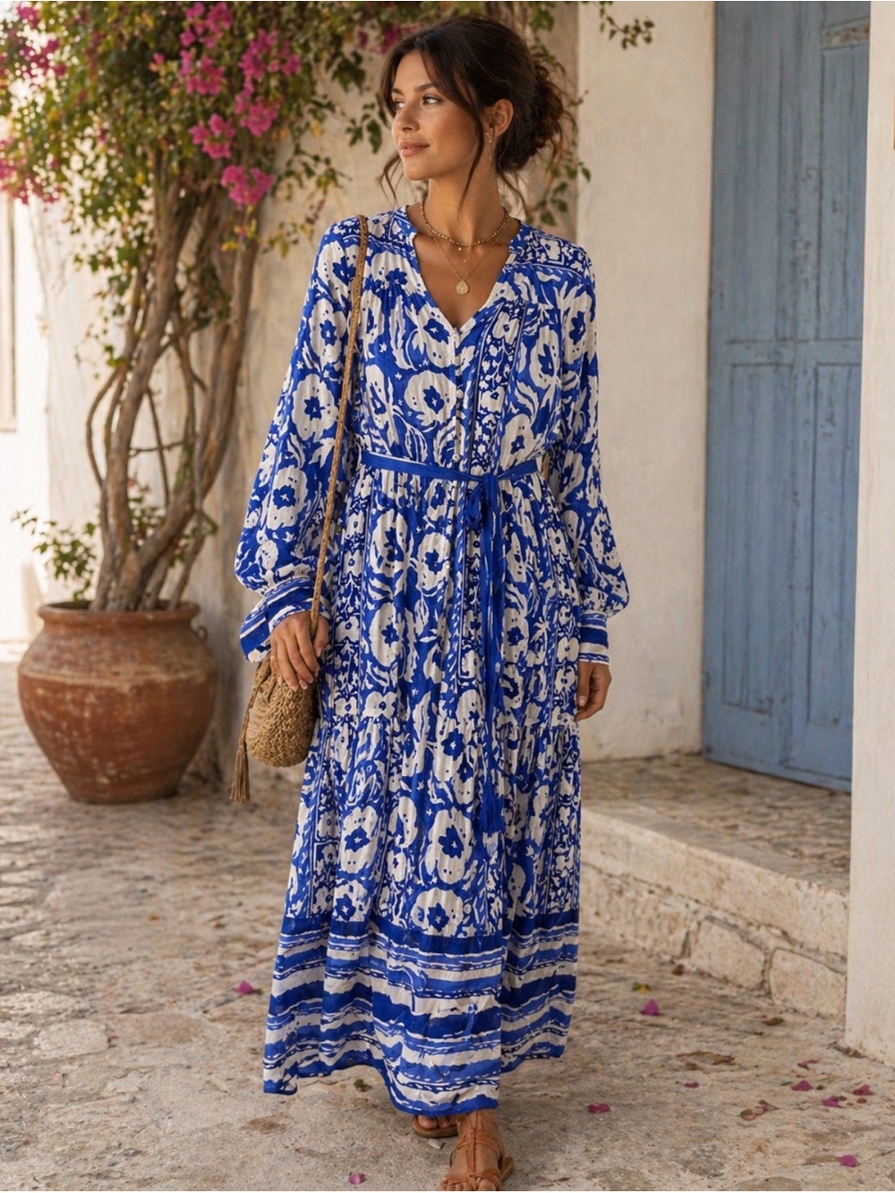 Gorgeous blue and white tie belted maxi dress